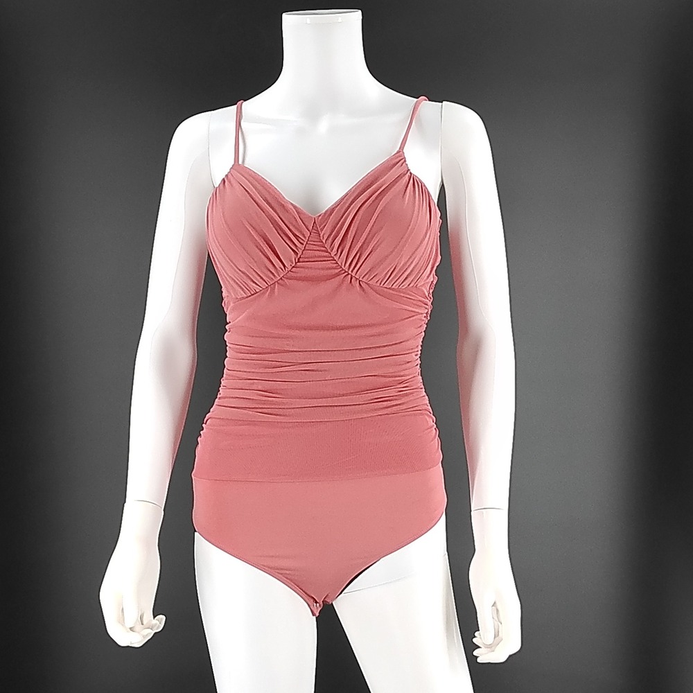Express Body Contour Ruched Mesh Sweetheart Bodysuit Pink Small 006419781